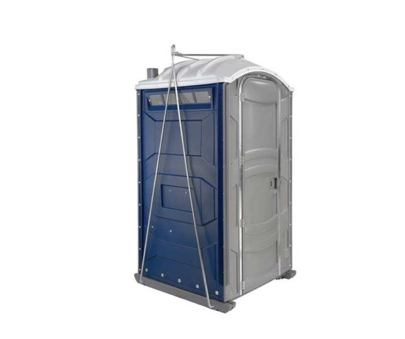 A portable restroom fitted with a metal lifting sling, with the lifting eye above the roof