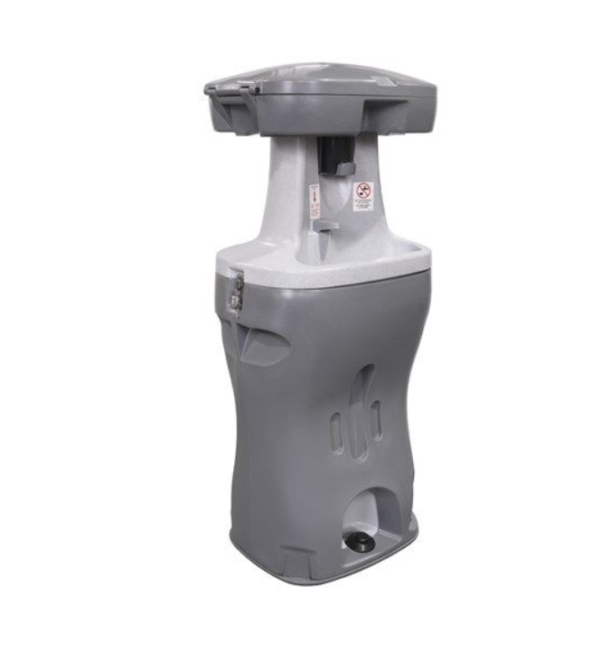 The Bravo Standard portable sink viewed at an angle, showing the basin, soap dispenser and foot pump