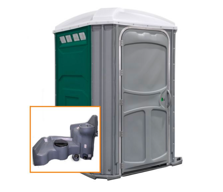 The Comfort XLT portable toilet unit in green with its sink and holding tank shown in the inset