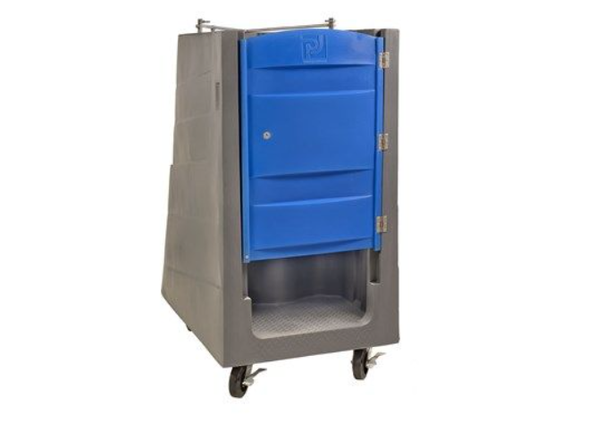 The PolyLift portable restroom in the lowered configuration with the top folding crossbars shown