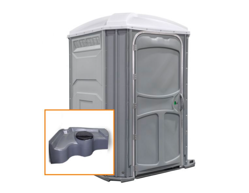The Comfort XLT portable toilet unit in grey with holding tank inset