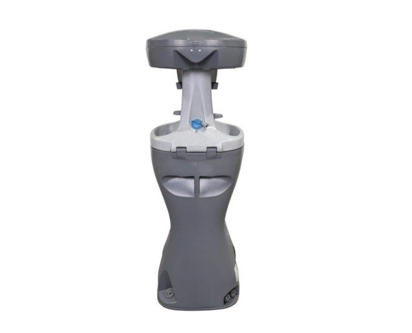 The Bravo Standard portable sink viewed from the side, showing the blue fresh water fill cap