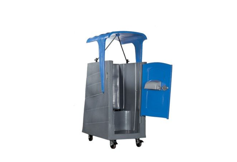The PolyLift portable restroom with the door open and a toilet paper dispenser inside