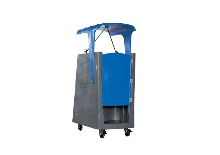 The PolyLift portable restroom with the blue canopy raised, angled front view