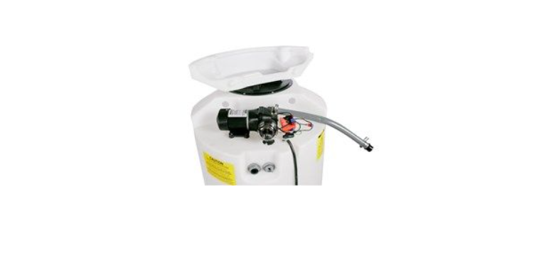 The Water Works fresh water tank with the top cover open showing the pump and motor assembly