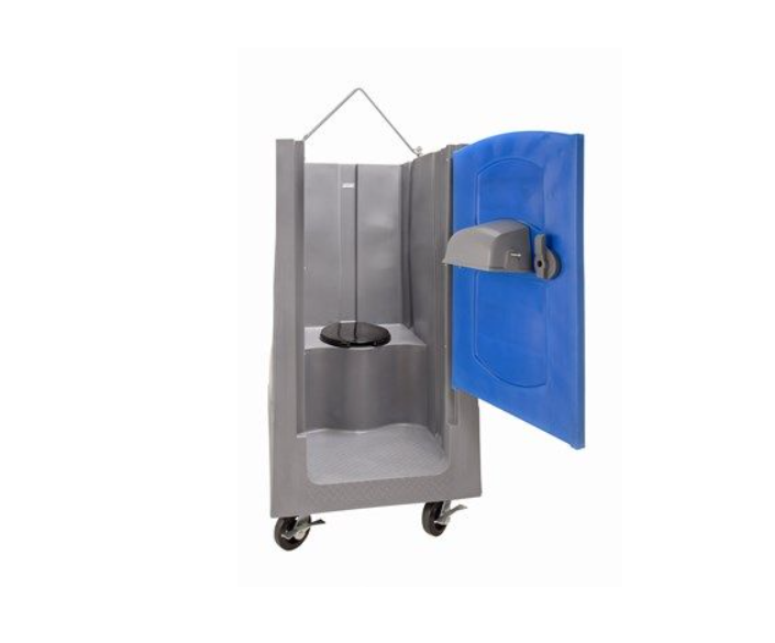 The inside of the PolyLift portable restroom with the bench toilet and lifting sling