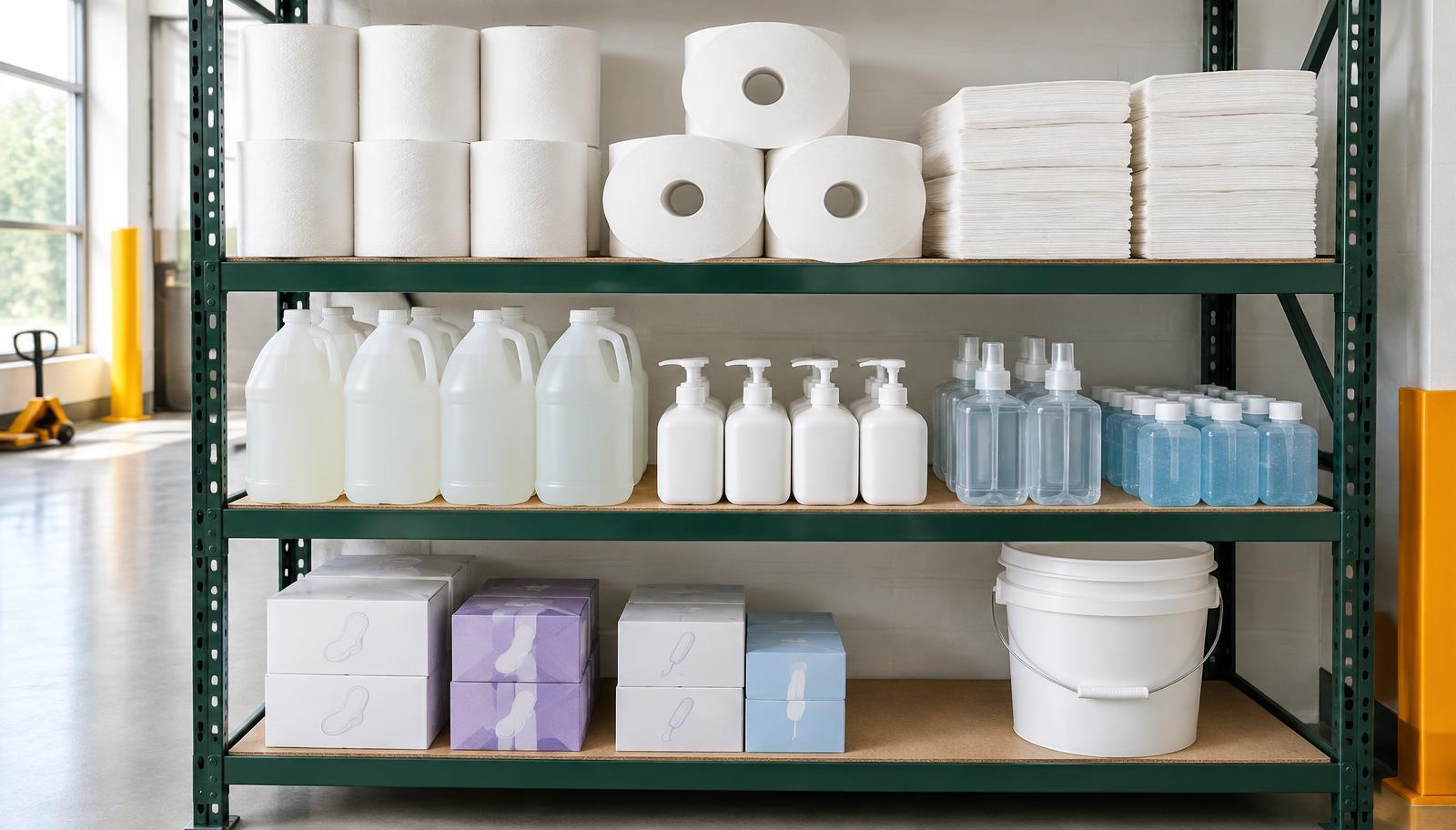 Shelves stocked with restroom paper products, hand soap, sanitizer and other supplies